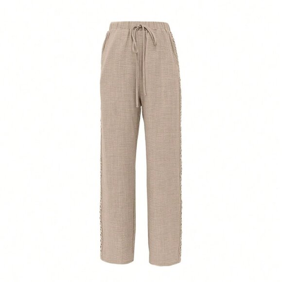 Khaki Casual Women's Side Lace Solid Denim Effect Long Pants - Picture 4 of 4